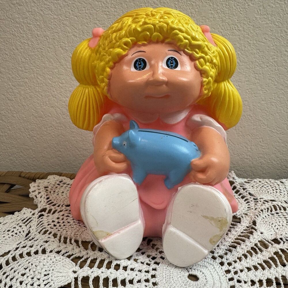 Vintage Cabbage Patch Kids Girl Piggy Bank Coin Bank Pink Dress Blue Pig 6.5”